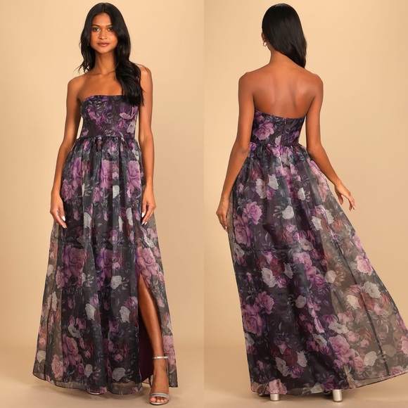 Lulus Dresses & Skirts - Lulus | Wonderful Waltz Purple Floral Print Strapless Bustier Maxi Dress